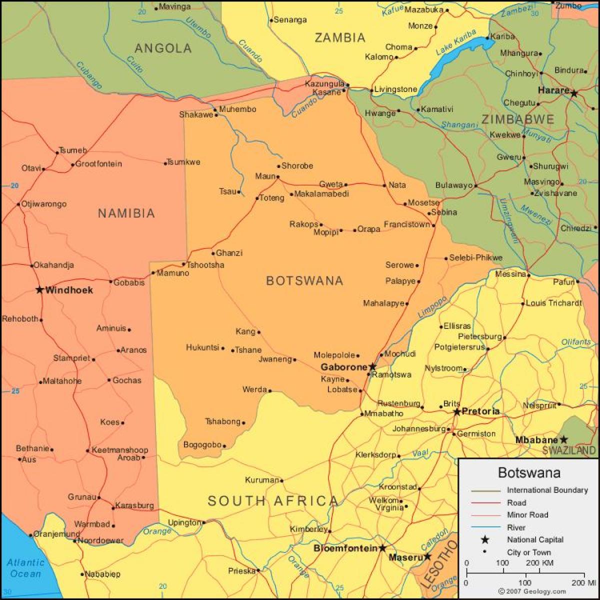карта Батсваны з указаннем усіх вёсак
