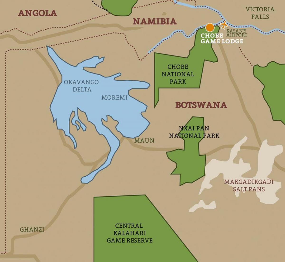 карта Батсваны карце нацыянальныя паркі